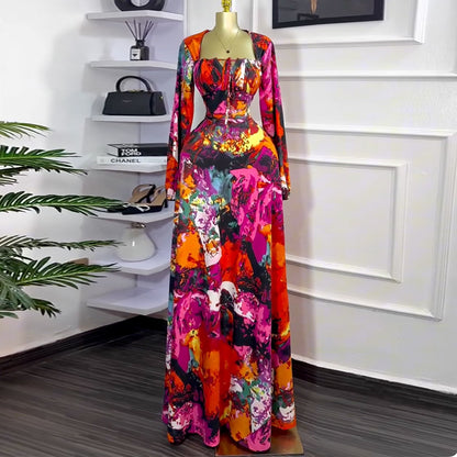 Women Fashion Casual Floral Printed Square Neck Long Sleeve High Waist Dress
