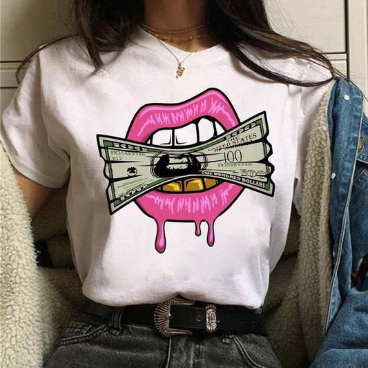 Camiseta informal de manga corta con estampado de labios para mujer