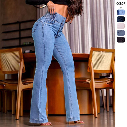 Vaqueros ajustados con botones y cintura alta de color liso para mujer