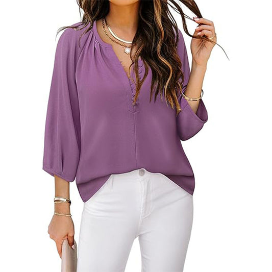Blusa informal de gasa de color liso con cuello en V y manga larga para mujer