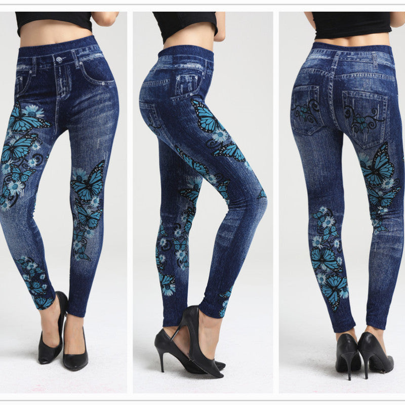 Women Print Butterfly High Waist Slim Casual Pants