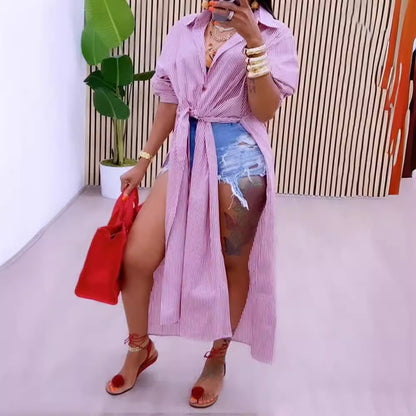 Blusa larga con abertura y manga larga con solapa y rayas informales a la moda para mujer