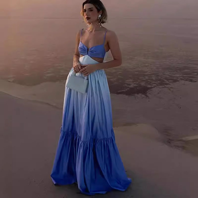 Women Casual Fashion Gradient Sling Hollow Maxi Dress