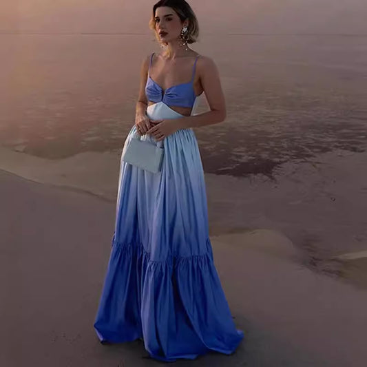 Women Casual Fashion Gradient Sling Hollow Maxi Dress