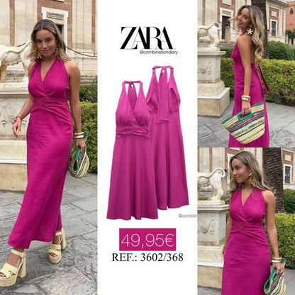 Vestido largo informal elegante con cuello halter, espalda descubierta y color liso para mujer
