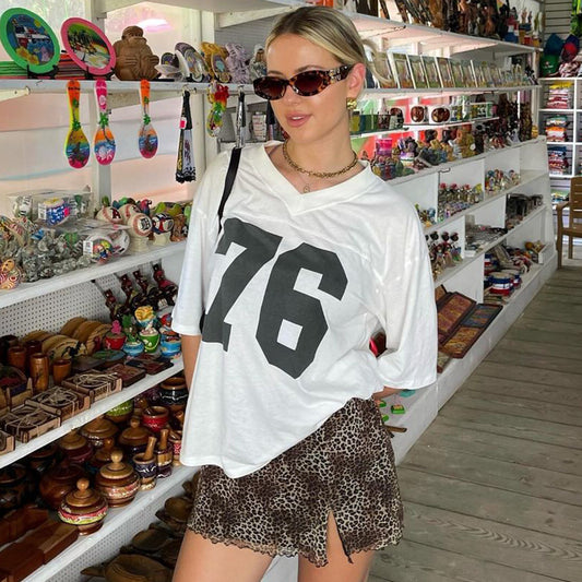 Women Fashion Casual Loose Digital Print Short Sleeve V-Neck Jersey T-Shirt