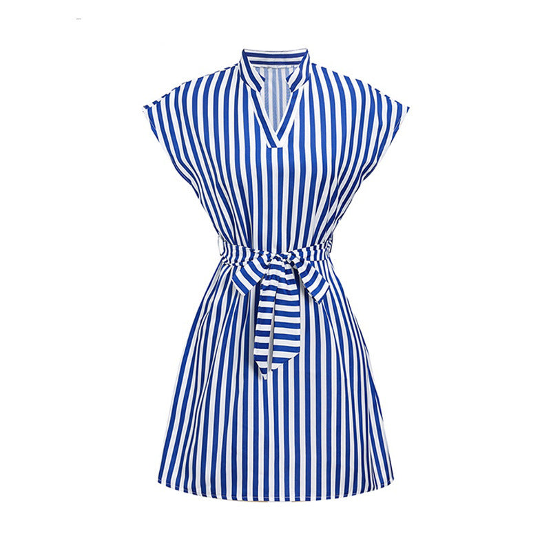 Spring Summer Casual Women Sleeveless Stripe Lace-Up Shirt Dress