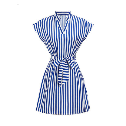 Spring Summer Casual Women Sleeveless Stripe Lace-Up Shirt Dress