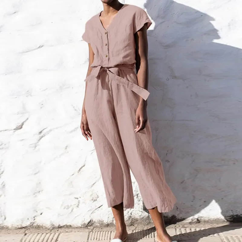 Summer V-Neck Nail-Buckle Lace-Up Short-Sleeve Cropped Solid Color Casual Women Jumpsuits