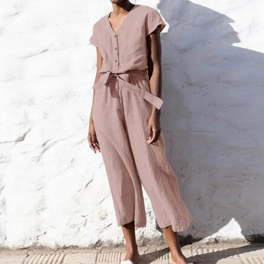 Summer V-Neck Nail-Buckle Lace-Up Short-Sleeve Cropped Solid Color Casual Women Jumpsuits