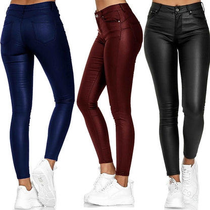 Pantalones casuales ajustados de cuero sintético de color sólido para mujer