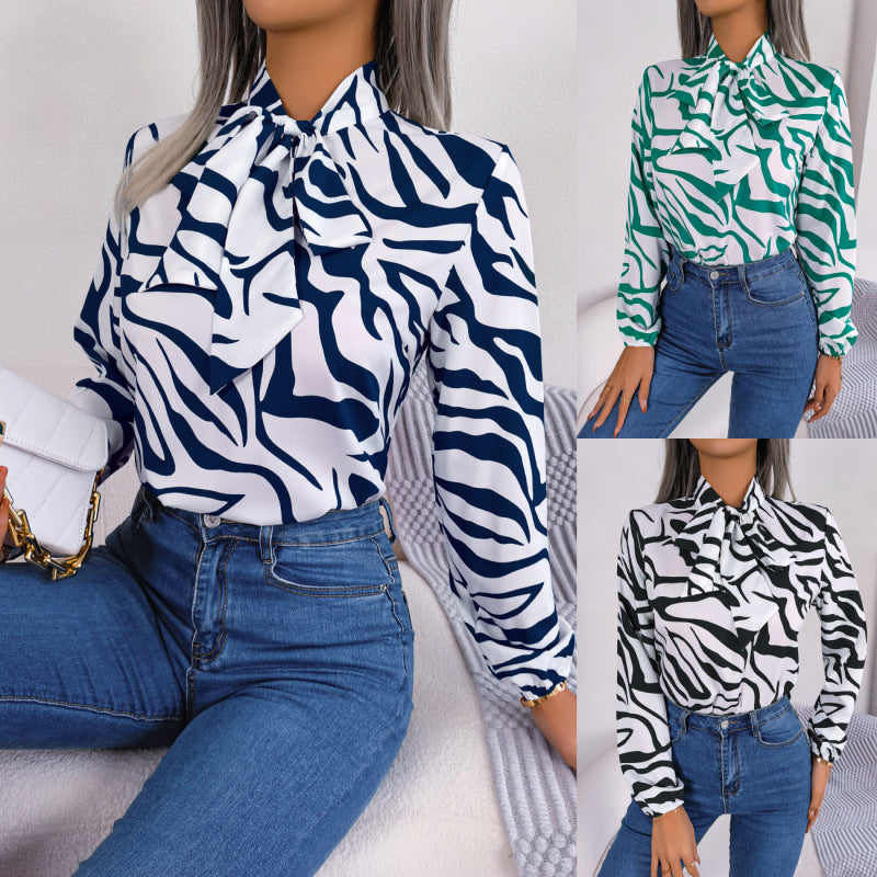 Women Fashion Casual Color Block Stripe Lace-Up Lantern Sleeve Chiffon Top