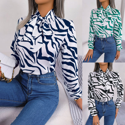 Women Fashion Casual Color Block Stripe Lace-Up Lantern Sleeve Chiffon Top