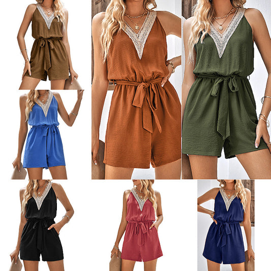 Summer Women Fashion Casual Lace V-Neck Solid Color Sleeveless Rompers
