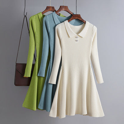 Vestido de punto de manga larga con solapa de color liso informal para mujer, otoño e invierno
