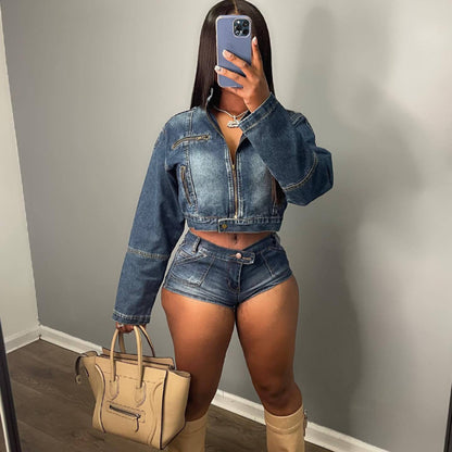 Conjunto de dos piezas de top y pantalones cortos vaqueros con cremallera para mujer