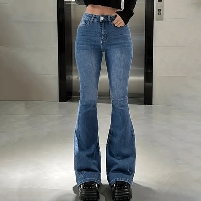 Vaqueros rectos microacampanados de cintura alta informales a la moda para mujer
