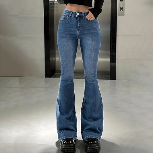 Vaqueros rectos microacampanados de cintura alta informales a la moda para mujer