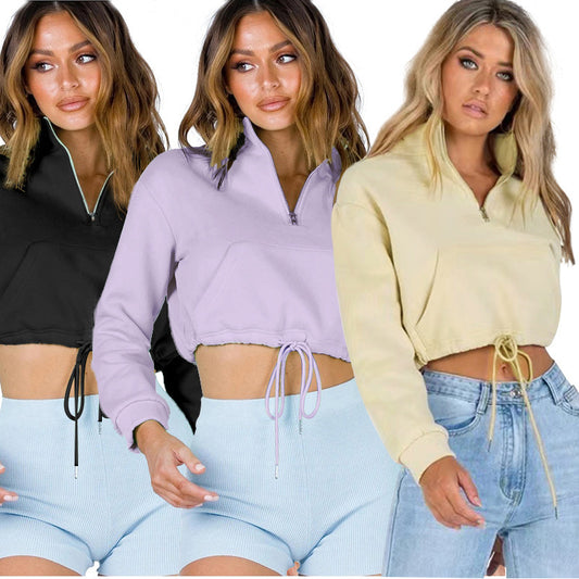 Sudadera corta informal de cuello alto con cremallera y color liso para mujer