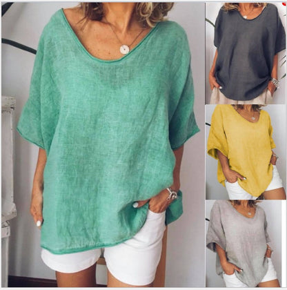 Camiseta informal de verano para mujer, color liso, cuello en V, manga corta, sin mangas