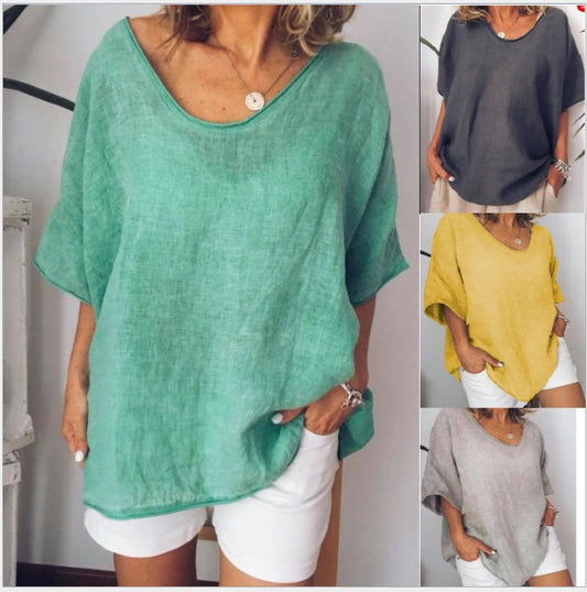 Camiseta informal de verano para mujer, color liso, cuello en V, manga corta, sin mangas