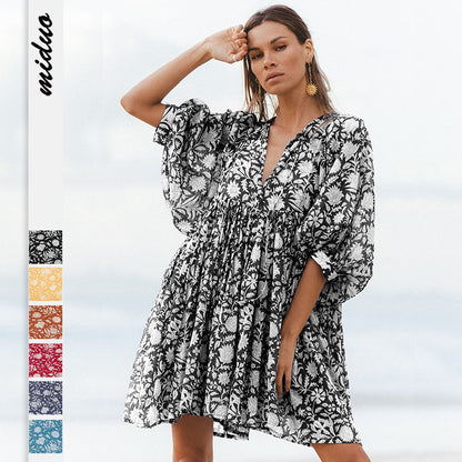 Fashion Women Floral Print Lace-Up V Neck Casual Loose Lantern Sleeve Dress