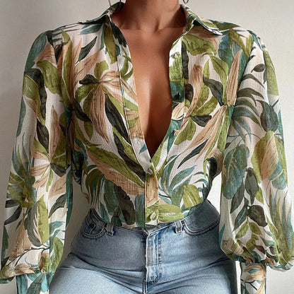Blusa informal con estampado de plantas y mangas farol para mujer