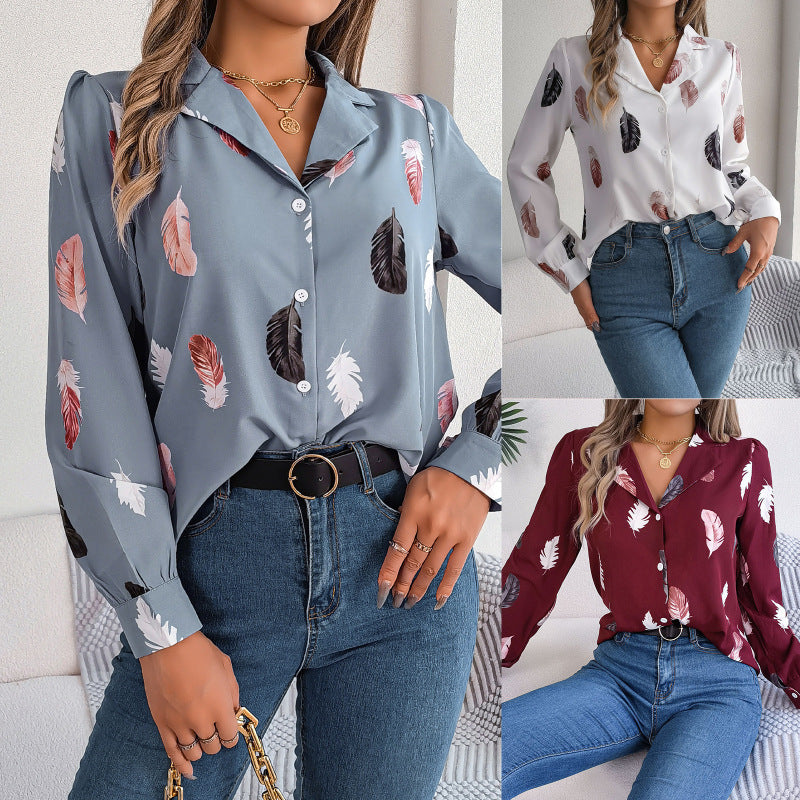 Blusa informal de manga larga con estampado de plumas para mujer