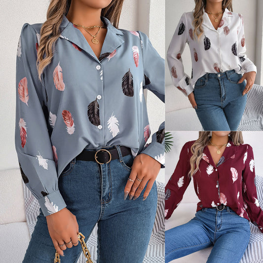 Blusa informal de manga larga con estampado de plumas para mujer