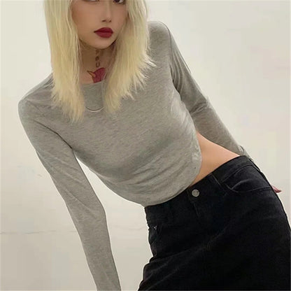 Camiseta corta informal con dobladillo arqueado y abertura para mujer