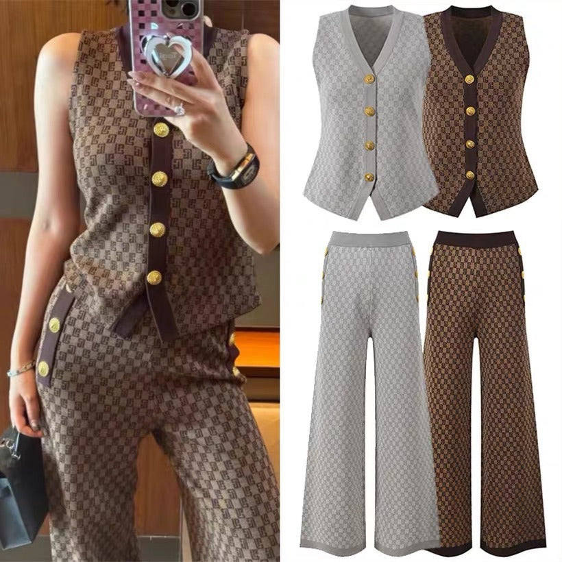 Conjunto de dos piezas de chaleco de punto sin mangas retro informal para mujer con hebilla de metal y pantalones de pierna ancha