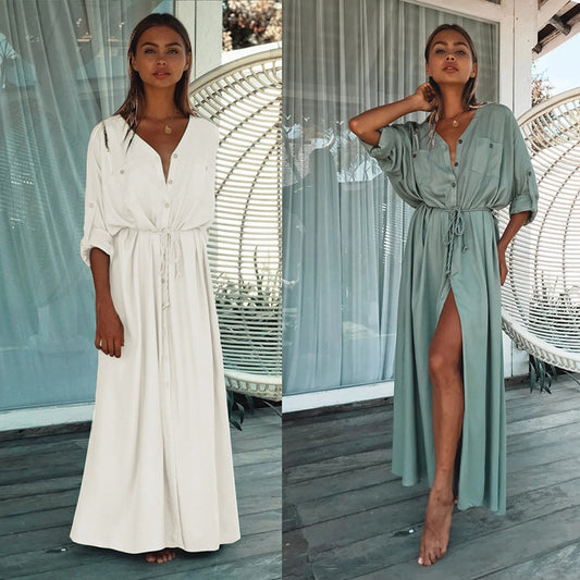 Traje de baño de bikini para mujer, de color liso, con escote en V, manga larga, botones y cintura anudada, ideal para vacaciones.