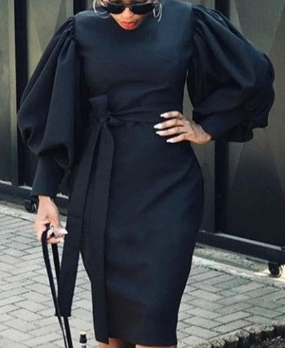 Vestido midi informal ajustado con cuello redondo y mangas abullonadas para mujer