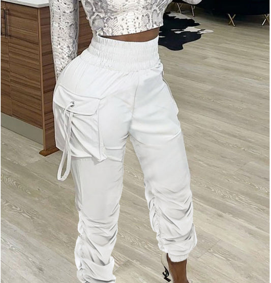 Pantalones plisados de cintura alta de color sólido casuales de moda para mujer