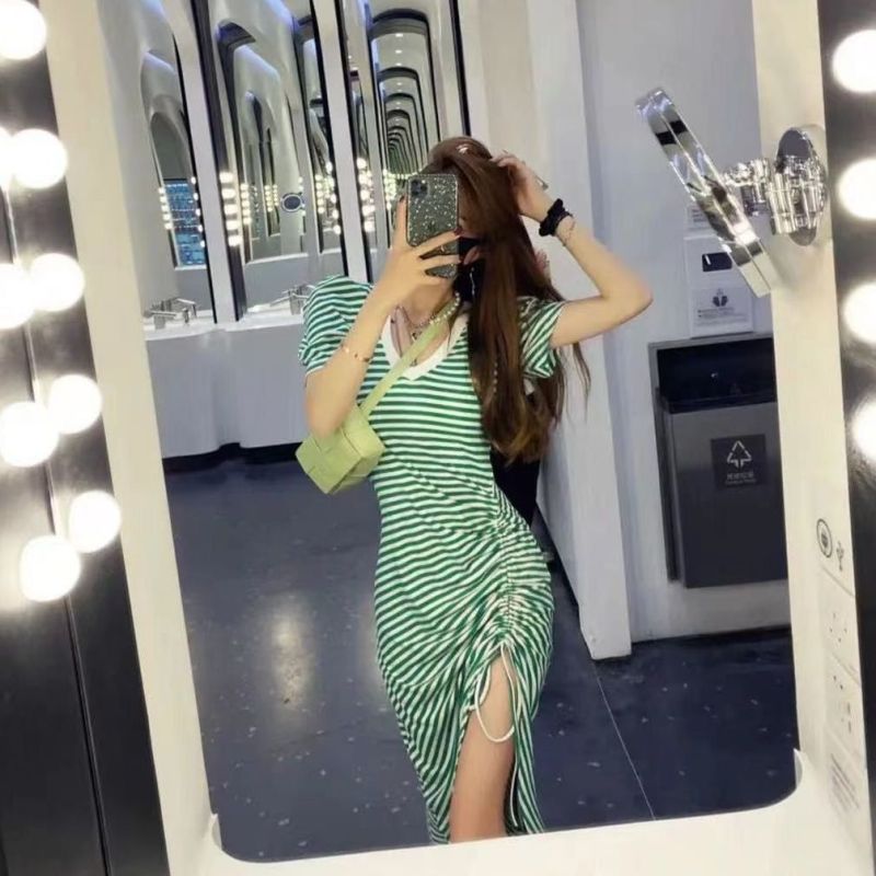 Women Fashion Casual Stripe Printing V-Neck Short Sleeve Drawstring Slit Dress