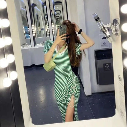 Women Fashion Casual Stripe Printing V-Neck Short Sleeve Drawstring Slit Dress
