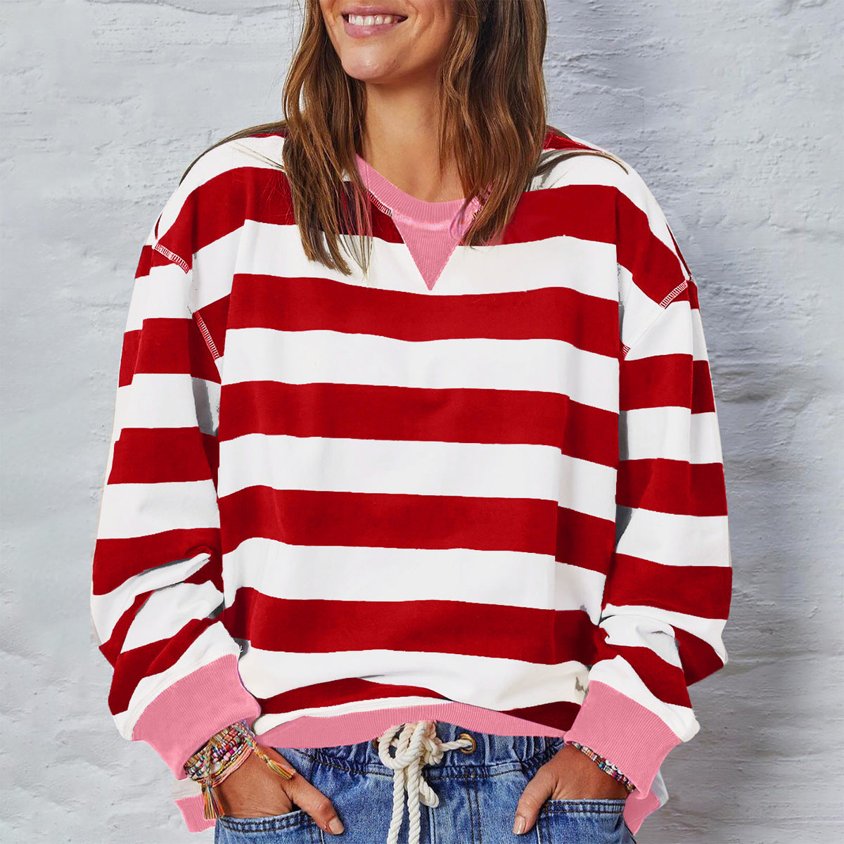 Sudadera informal holgada con cuello redondo y rayas para mujer