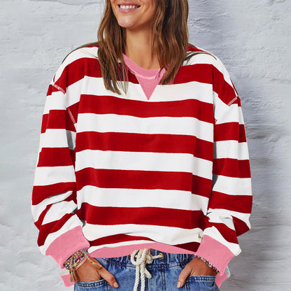 Sudadera informal holgada con cuello redondo y rayas para mujer