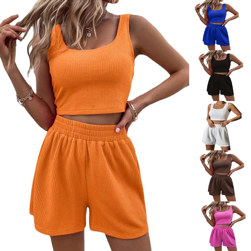 Conjunto casual de dos piezas para mujer, top y pantalones cortos de color liso