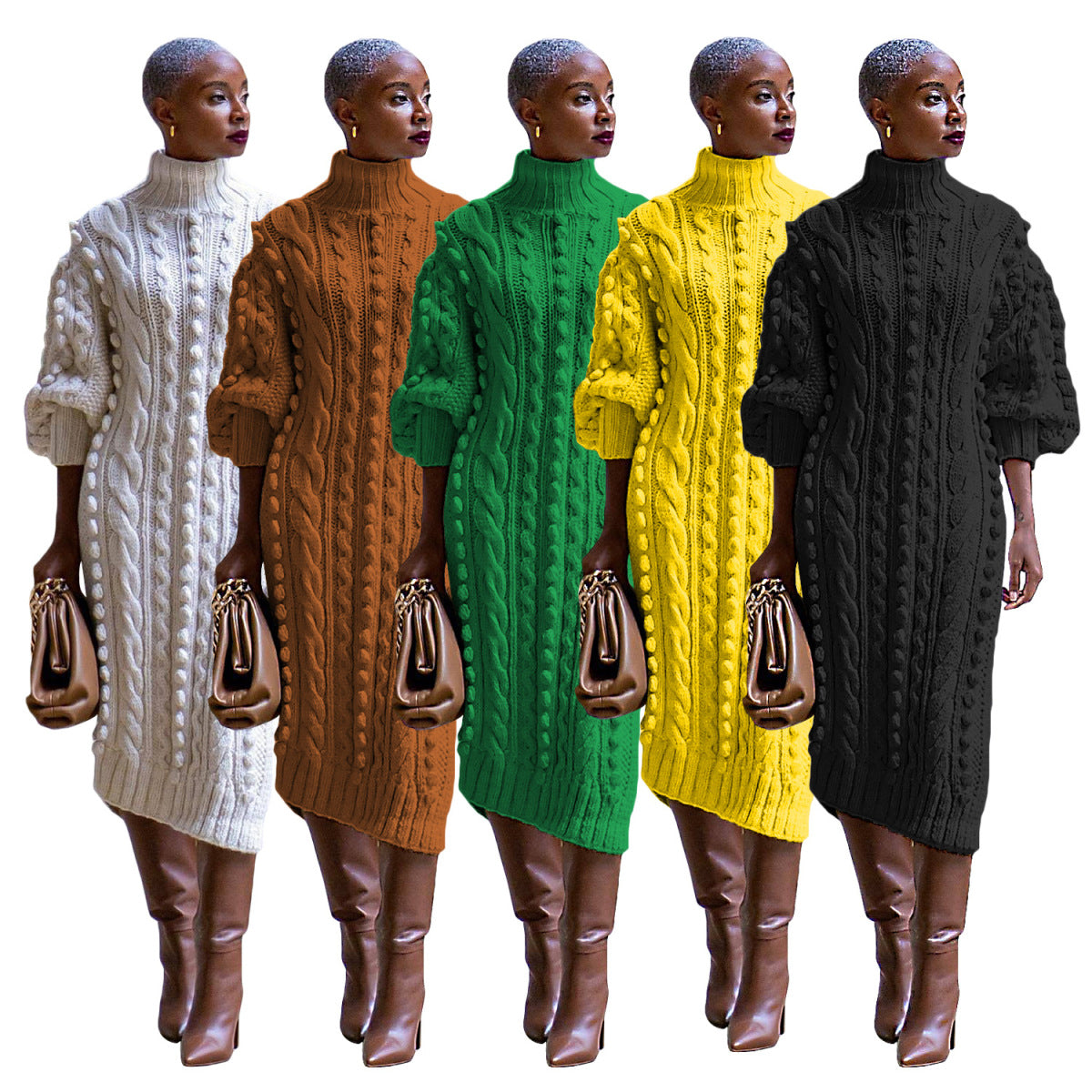 Vestido de punto dividido de manga larga con cuello alto y color liso informal a la moda para mujer Otoño Invierno