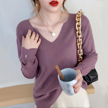 Women Casual Solid Color V-Neck Knitted Long Sleeve Sweater