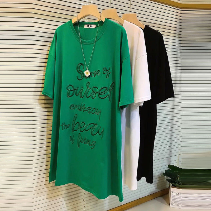 Camiseta informal de manga corta con bordado de letras para mujer, talla grande