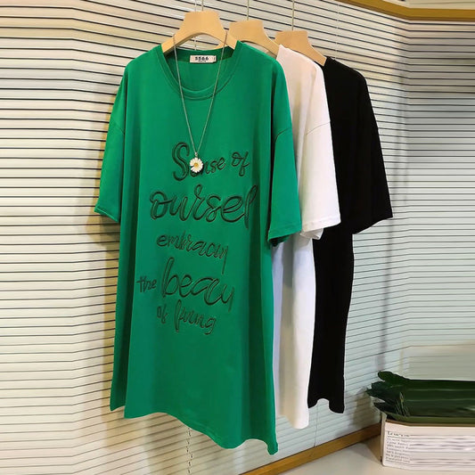 Camiseta informal de manga corta con bordado de letras para mujer, talla grande