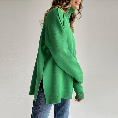 Women Casual Fashion Autumn Winter Loose Turtleneck Solid Color Long-Sleeveside Slit Sweater