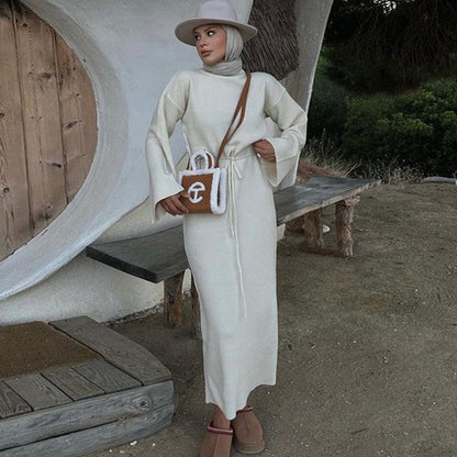 Women Long Sleeve High Waist Strap Autumn And Winter Solid Color Casual Knitted Sweater Dress