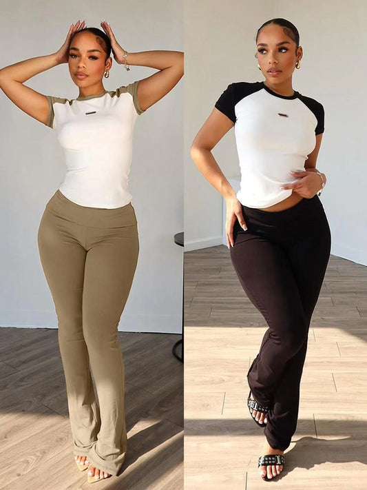 Summer Women Casual Round Neck Short-Sleeved T-Shirt Top Pants Two-Piece Set