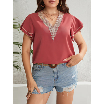 Blusa informal de verano con encaje rojo parduzco, cuello en V, holgada, con volantes y manga corta, talla grande para mujer