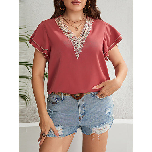 Blusa informal de verano con encaje rojo parduzco, cuello en V, holgada, con volantes y manga corta, talla grande para mujer
