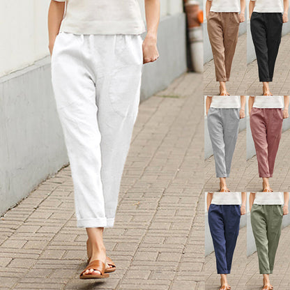 Women Fashion Big Pockets Solid Color Comfortable Cotton Linen Casual Pants Straight Leg Pants