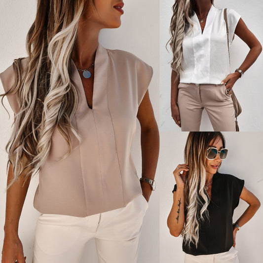 Blusa informal de color liso con cuello en V y mangas cortas para mujer